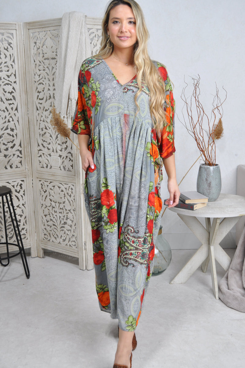 Printed Caftan with pockets maxi dress vneck with long sleeves