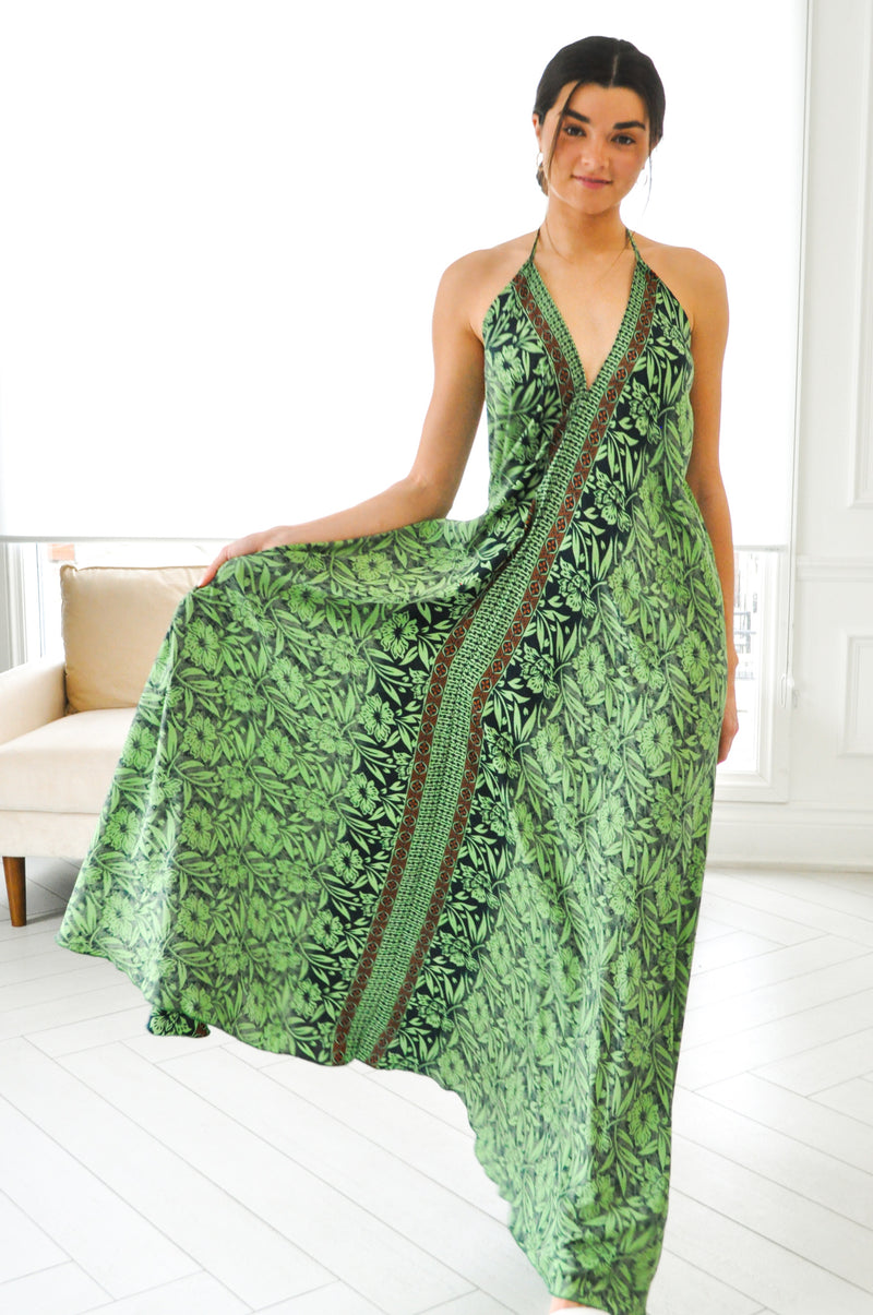 Printed maxi dress halter dress with green print low v back.  Upcycled
