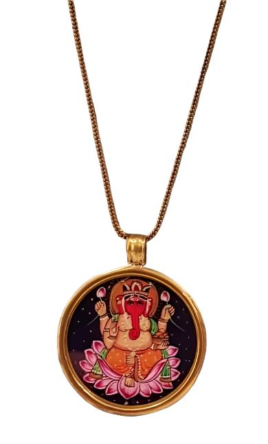 Small Hindu Picture Deity Pendants w/chain I single side - Brass