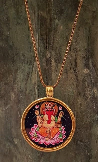 buddha print elephant colorful pendant on brass chain.