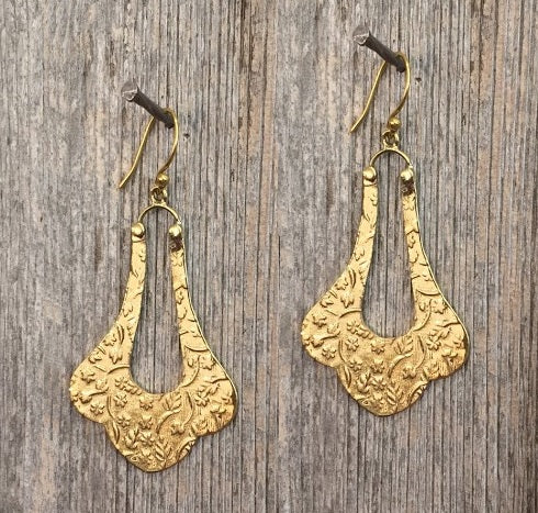 Relief Design Elongated Drop Fleur-de-lis Earrings - Brass