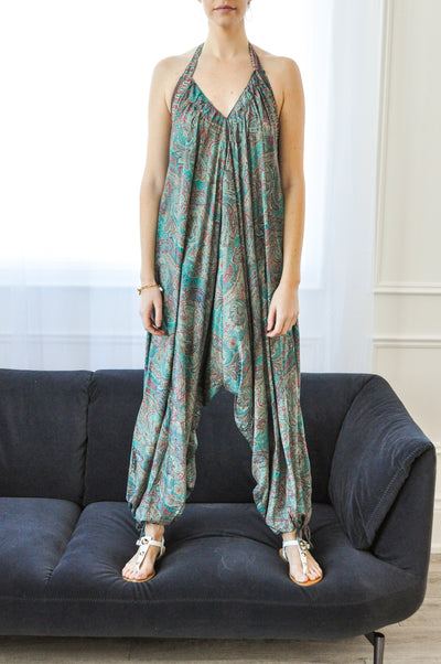 Drapey loose jumpsuit with ties at the bottom halter low open back harem mc hammer style pants jumpsuit printed.