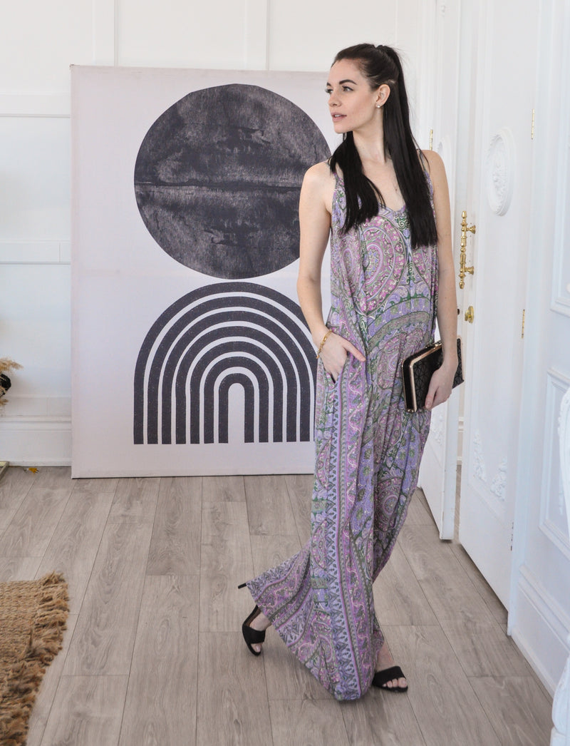 Long spaghetti strap printed maxi dress with big pockets loose fitting sustainable ethically made dress