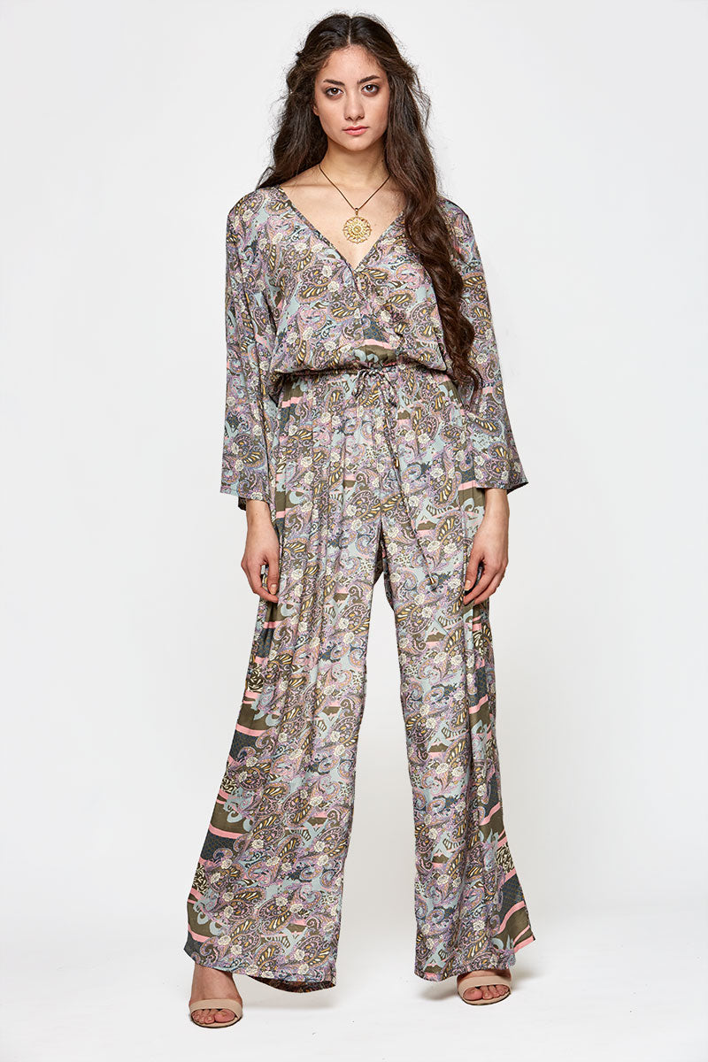 light weight jumpsuits wide leg  low chest long sleeves printed cinched waist