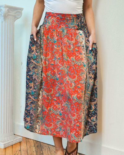 long maxi skirt printed upcycled stretch back