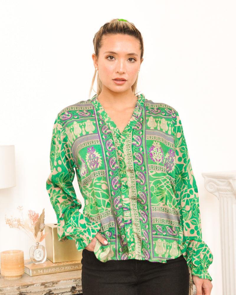 ruffle front print low cut long sleeve blouse green upcycled paisley
